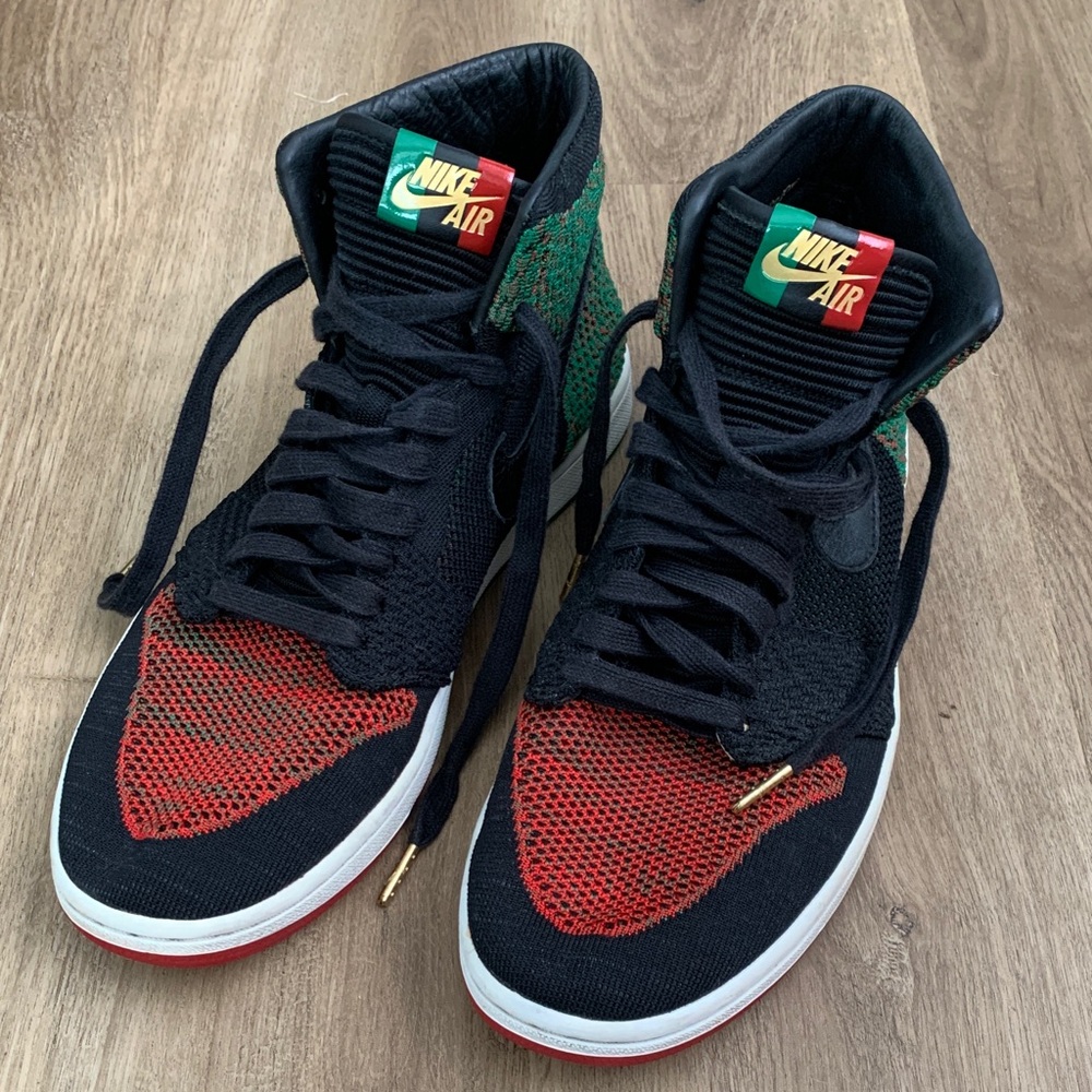 NIKE AIR JORDAN 1 RETRO HIGH FLYKNIT BHM BLACK-PINE GREEN-RED Size 11.5